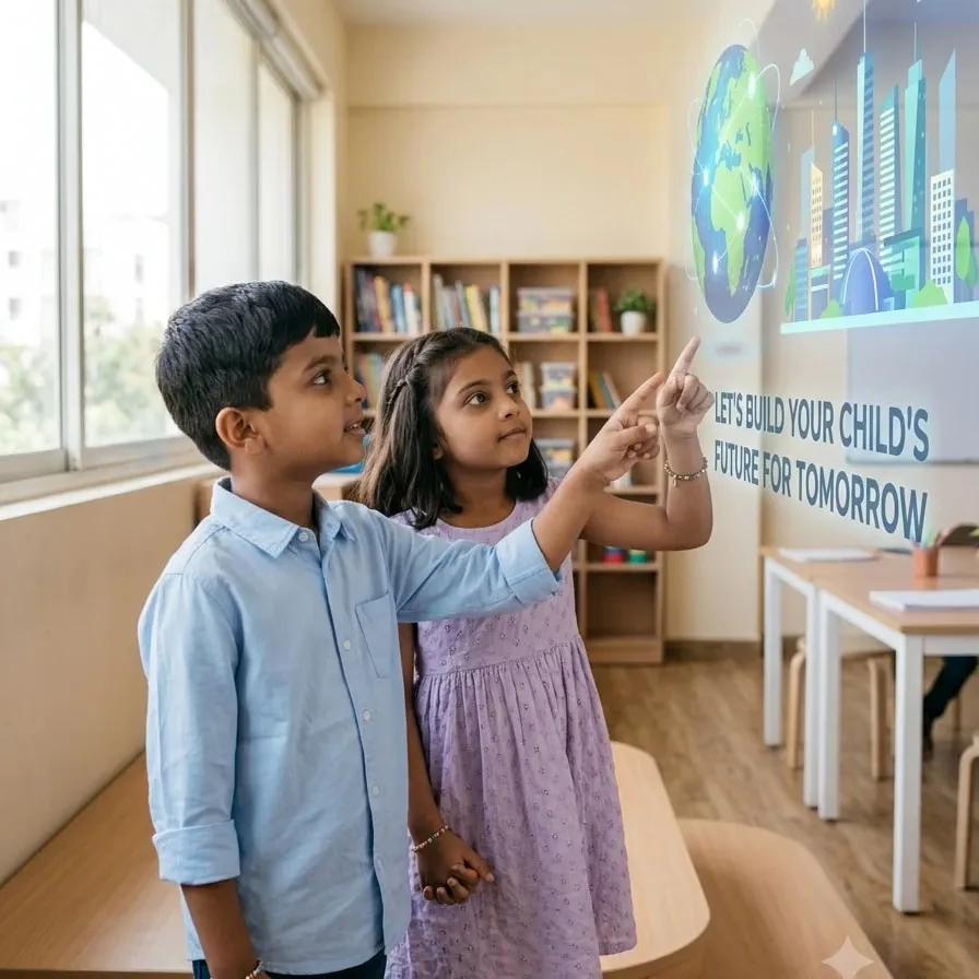 Two children pointing at a wall display that reads Let's build your child's future for tomorrow